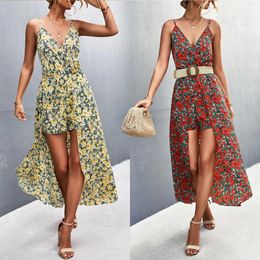 Casual Dresses Womens Deep V Neck Sleeveless Long Maxi Dress Sexy Spaghetti Strap Summer Asymmetrical Boho Floral Elegant Party Sundress