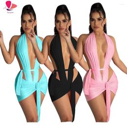 Women's Tracksuits Women Summer Solid Sexy Casual Matching Suits Sleeveless Halter Low Cut Party Bodysuit Skirts 2 Piece Sets 2023