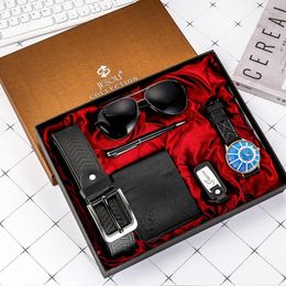 Wristwatches Men Watch Set In Box With Leather Belt Wallet Glasses Keychain Pen Quartz-watch Gift Casual Business Birthday Boxes