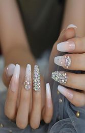 Crystal Ombre Nails Full Designed Rhinestones Ballerina Fake Nails Long Natural White Designer Nail Art Tips4278890