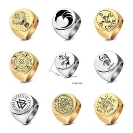 New Titanium Stainless Steel Round Finger Ring Viking Script Elk Skull Heptagon Silver Gold Colour Rings for Men Hip Hop Punk Rock Birthday Gift Wholesale Jewlery