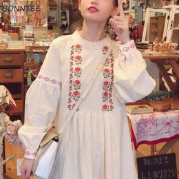 Casual Dresses Long Sleeve Dress Embroidery Design A-line Sweet Vintage Flower Korean Style Fashion All-match Classic Mid-calf Spring Tender