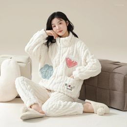 Women's Sleepwear Winter Warm Women Flannel Pyjama Set Long Sleeve Casual Nightwear