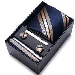 Bow Ties 100% Silk Brand Tie Handkerchief Cufflink Set For Men Necktie Holiday Gift Box Blue Gold Suit Accessories Slim Wedding Gravatas 231102