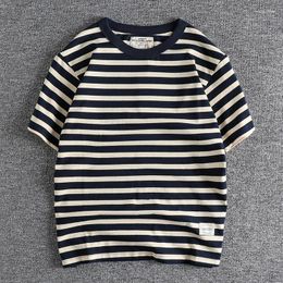 Men's T Shirts Summer American Retro Short Sleeve O-neck Navy Striped T-shirt Fashion Cotton Washed Heavyweight Casual Tops