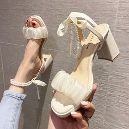 Sandals Fairy Style Fashion Square Toe Lace String Bead Party Wedding High Heels Elegant Pearl Sandals Women Summer Mid Heel Woman Shoe 230403