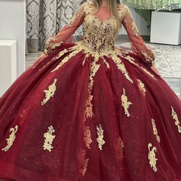 Red O-Neck Ball Gown Quinceanera Dress Golden Lace Applique Long Train XV Princess Vestidos De 15 Anos Birthday Sweet 16 Dress