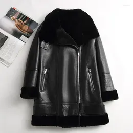 Women's Leather 2023 Long Shearling Jacket Winter Warm Double Face Lamb Fur Lining Thick Coat Sheepskin Jackets MH3