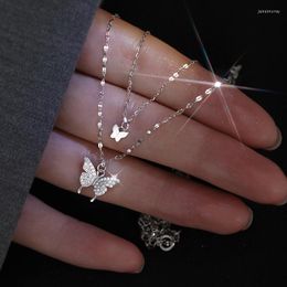 Pendant Necklaces Choker Butterfly Necklace Women Vintage Stainless Steel Double Layer Shiny Collarbone Chain Charm Jewelry Gift