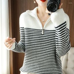 Women's Sweaters Korean Fashion Style Striped Thick Turtleneck Turn-down Collar Half Zipper Long Sleeve Knitting Straight Pullovers