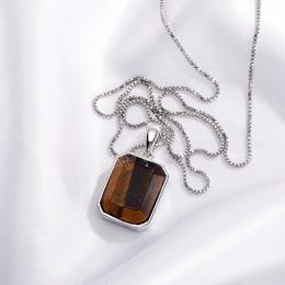 Natural Tiger Stone Square Pendants Brown Colour Charms Necklace For Women Men Jewellery Gemstone Gifts