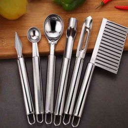 6pcs/set Stainless Steel Kitchen Tool Set Fruit Knife Corer Carving Knife Watermelon Digging Ball Spoon Potato Peeler