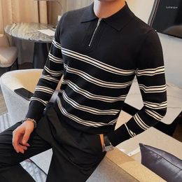 Men's Sweaters High Quality Striped Knitted POLO Sweater For Men Casual Business Long Sleeve Pullovers Lapel Social Streetwear Knitwear Tops