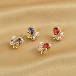 Stud Earrings ED65544 Korean Fashion Cute 2023 Colourful Zirconia Bowknot Heart For Women Jewellery