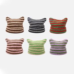 BeanieSkull Caps Korean Beanie Hat Ins Little Devil Striped Knitted Wool Cap Autumn and Winter Cute Cap Ears Pointed Pullover Women's Hats 230403