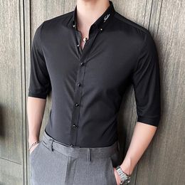 Men's Casual Shirts Plus Size 4XL-M Summer Half Sleeve Solid Men Clothing 2023 Simple Embroidery Collar Slim Fit Business Formal Wear Blouse