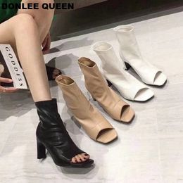 Boots Fashion Peep Toe Ankle Boots Women Thin High Heels Shoes Women Gladiator Sandals Sexy Chelsea Boots Front Open Stilettos Pumps 230403