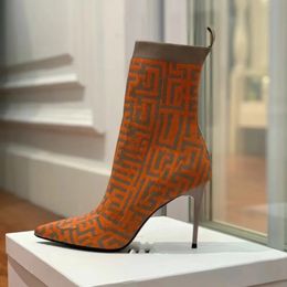 Tasarımcı Çorap Botları Stiletto ayak bileği patik ayakkabılar knthed kumaş mektup orta yüzyüzü elastik-toe stiletto lüks tasarımcı mugler105mm moda boot