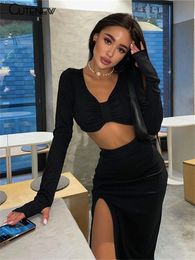 Two Piece Dress Cute Elegant Solid Black 2 Pieces Set Women Outfit Long Sleeves Crop TopHigh Waist Side Slit Skirts Matching Lady Streetwear 230403