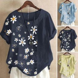 Women's Blouses Women Summer T-shirt Flower Print Short Sleeves Lady Mid Length Button Decor Loose Top Clothing