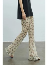 Women's Pants Fashionable Crumpled Leg Shaping Slightly See-through Floral Cool Flared Personality Trendy Thin High Street