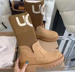 Tasarımcı Yeni Kadınlar Moda Kar Botları Ugglie Avustralya Kalın Alt Elastik Örgü Patchwork Sıcak Tazz Çoraplar Martin Orta Buzağı Botları Toe Toe Martin Boots