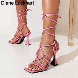 Sexy Summer High Heels Women Cross Strap Sandals Lady Gladiator Sandles Fetish Prom Catwalk Nightclub Shoes Square Toe Stilettos 230403