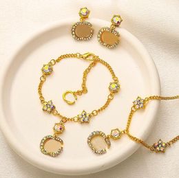New Vintage Letter Coloured Crystal Flower Gold Chain Necklace Ear studs Coloured Diamond Double Letter Bracelet Earring Wedding Engagement Gifts Designer Jewellery