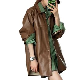 Women's Leather Korean Fashion PU Jacket Long Sleeves Cut Shinny Faux Girls Winter Fall Coat Loose