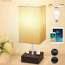 Desk Lamps Bedside Lamp Pulling Switch Desk Nightstand Lamp with 2 USB Charge Port Rectangular Fabric Shade for Bedroom Living Room Decor Q231104