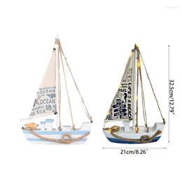 Novelty Items Home Decoration Wooden Sailboat Model Decor Set Beach Nautical Theme Navy Blue And White Canvas Sail Conch