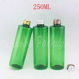 Storage Bottles 250ML Green Plastic Bottle Aluminium Cap 250CC Lotion / Shampoo Packaging Empty Cosmetic Container ( 25 PC/Lot )