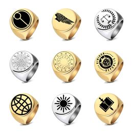 New Titanium Stainless Steel Square Finger Ring Sun Wing Basketball Lion Anit Rust Silver Gold Colour Rings for Men Hip Hop Punk Rock Birthday Gift Wholesale Jewlery