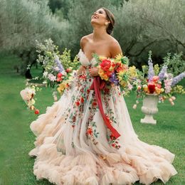 Fairy Colourful Puffy S Off Shoulders Sweetheart Overlay Tulle Champagne Bloom Flower Bridal Gowns Mesh Wedding Dres 328