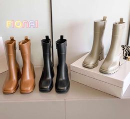 choles Designer Boots Women Betty Heeled Zip Boot PVC Rubber Knee Booties Square Toe Shoes Platform Waterproof Welly Rain Shoe