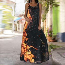 Casual Dresses Women's Flame Print Dress Summer Elegant Sexy Fire Colourful Sleeveless Female Elasticity