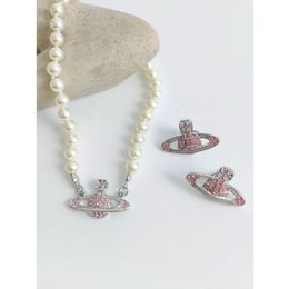Desginer Viviene Westwoods the Empress Dowager Saturn Pink Diamond Pearl Necklace Female Ins Sweet Cool Style Small Design Vivian Same Earrings Tiktok