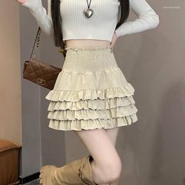 Skirts 2023 High Waist Slim Matte Elastic PU Leather Mini Skirt Women Anti Shining Fluffy Layer Kawaii Tierred Cake