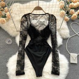 Nxy Transparent Sexy Bodysuits Women Long Sleeves Chic Jumpsuit Square Neck Ladies Thin Club Slim Lace Playsuits 230328