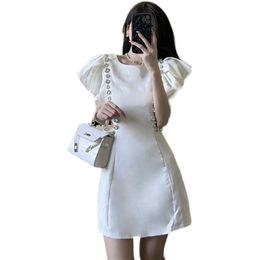 Women o-neck rhinestone luxury short sleeve slim waist hollow out ruffles sexy desinger dress SML