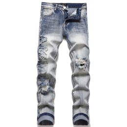 High Street Ripped Slim Distressed Trendy Designer American Blue Embroidery Fashion Jeans Denim Pant