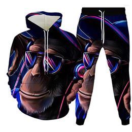 Men's Tracksuits Trend Cartoon Animal Monkey 3D Print Tracksuit Sets Casual Hoodie Pants 2pcs Oversized Sweatsuit Fashion Men Clothing