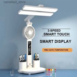 Desk Lamps LED Clock Table Lamp USB Chargeable Dimmable Desk Lamps 2 Heads 180 Rotate Foldable Eye Protection Desktop Reading Night Lights Q231104