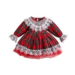 Dancewear born Christmas Dress Toddler Lace Trim Plaid Tulle Party Little Girl Ruched Long Sleeve Mini 231110