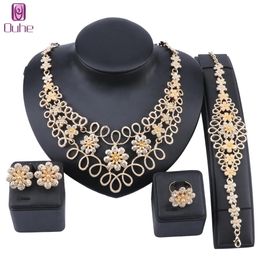 Women African Beads Jewellery Sets Flower Crystal Necklace Earrings Bracelet Rings Party Bridal Accessories Set