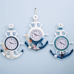 Wall Clocks Mediterranean Style Anchor Clock Blue And White Rudder Design Creative Home Decoration For Living Room Bedroom Study