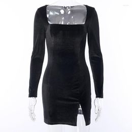 Casual Dresses Knitted Square Neck Long-sleeved Dress European And American Spring Style Women's Black Retro Temperament Slim Split