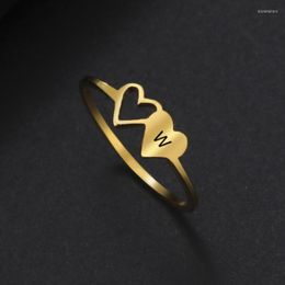 Wedding Rings Double Hearts Initial Letter For Women Stainless Steel Jewelry Gold Color Finger Couple Friends Gift