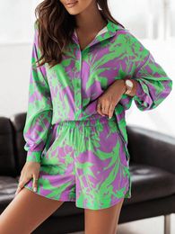 Women's Tracksuits Women Summer Holiday Casual Boho Print Long Sleeve T-shirt And Shorts Set Pockets Loose 2 Piece Outfits