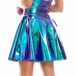 Skirts Summer Sexy Laser High Waist Mini PU Leather Skirt Club Party Dance Shiny Holographic Skirts Harajuku JK Metallic Pleated Skirts 230403